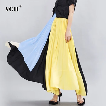 

VGH Asymmetric Hem Skirt For Women High Waist Ruched Hit Color Patchwork Elegant Skirts Female Loose 2020 Summer Fashion New