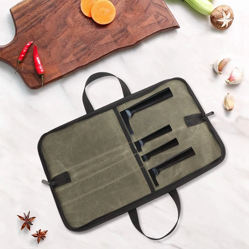 4 Slots Chef Knife Bag Waxed Canvas Roll Storage 18 Inch Carrying Pouch For Men Women Green Case Kitchen Meat Boning Sushi Cook tool backpack