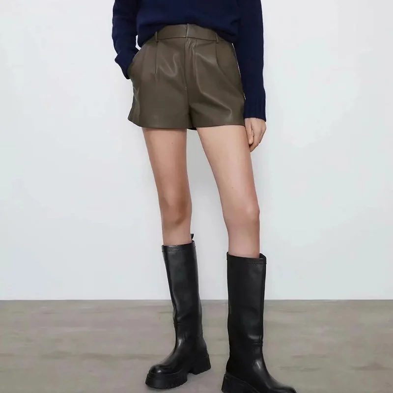 

Woman 2022 Women's Shorts Brown Black Pleated Faux Leather Shorts High Waist Classic Fashion Basic Retro Autumn Casual Chic