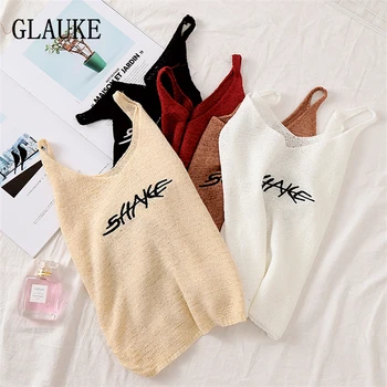 

GLAUKE versatile Hong Kong Style suspender sexy letter ice silk knitted vest top 2019 Korean spring fashion girl