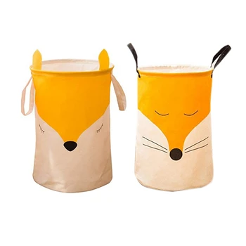 

Fox Print Cotton and Linen Storage Bucket Simple Cartoon Toy Storage Basket Folding Laundry Basket Dirty Clothes Basket