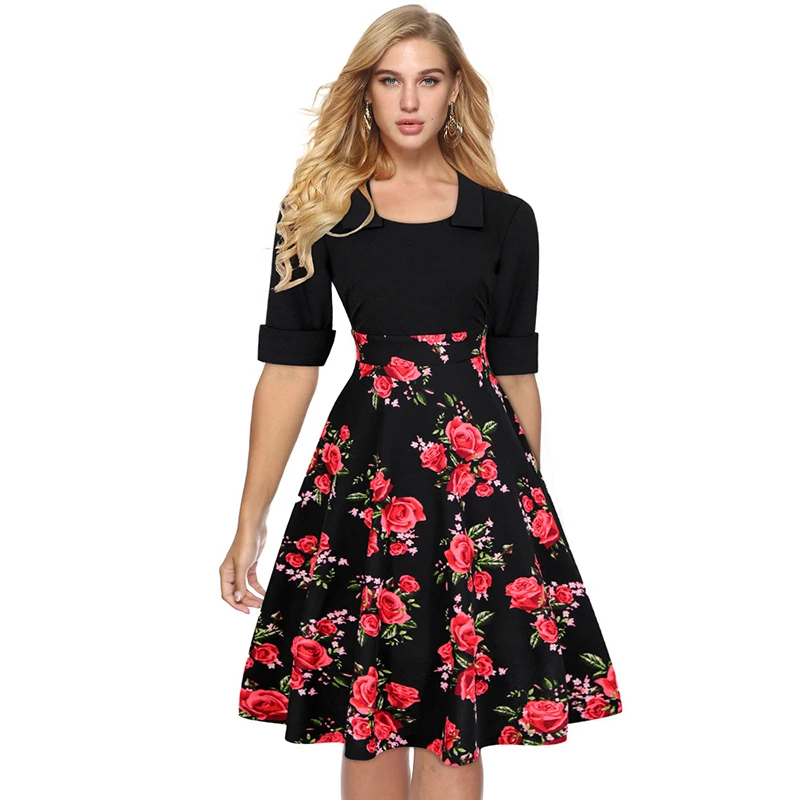 Europe Women Vintage Floral Print A-Line Dress Half Sleeve Black Spliced Dresses Casual Summer Streetwear Elegant Lady Clothing