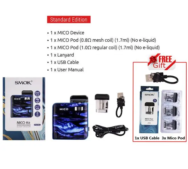 Распродажа! набор SMOK Mico, зажигалка, 700 мА/ч, батарея, электронная сигарета, анти-протекание, мини, электронная сигарета, ручка Pod, катушка VS NORD JC01 - Цвет: Prism Blue 2 Gifts