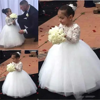 

2020 Lovely Flower Girl Dresses Ball Gown Jewel Long Sleeve Floor Length Girls Pageant Dresses With Lace Tulle For Wedding
