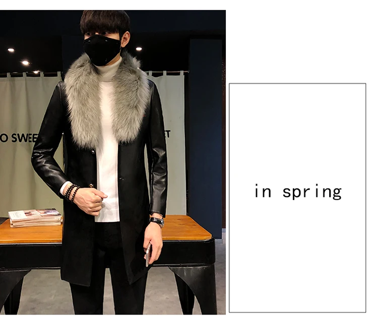Mens Long Leather Trench Coats Black Long Coat Mens Burgundy Erkek Palto Fur Collar Luxury Gold Long Men