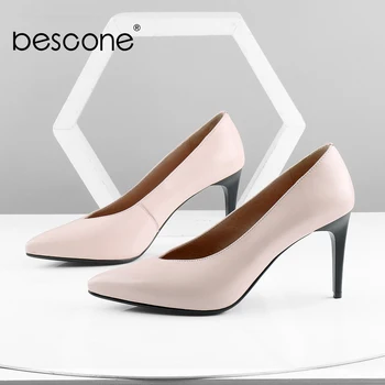 

BESCONE Occupation Lady Pumps High Quality Sheepskin Sexy Pointed Toe Thin Heel Solid Shallow Shoes New Handmade Pumps BC604