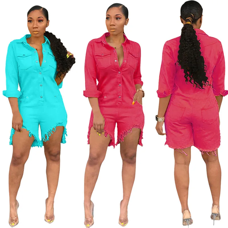 Летний женский стиль сафари, однотонный однобортный костюм, отложной воротник, рукав три четверти, Pokcet rompersmr9039