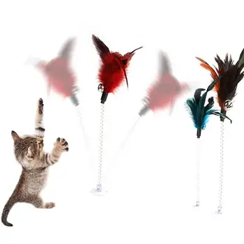 

Funny Cat Toys Metal Wire Spring Feather Color With Bell Cat Rods Toy Stable Sucker Stand Spring Stick Pet Interactive Toys