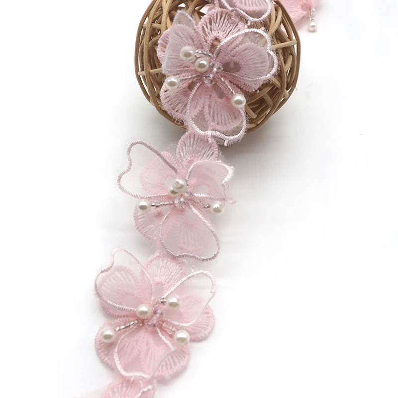 Lace Sewing Supplies Pearl Flower Organza Lace Trim Knitting Wedding Lace Embroidered DIY Patchwork Ribbon