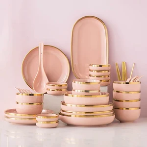 Pink Ceramic Dinner Plates Dishes Tableware Set Cake Food Plates Salad Soup Bowl Dinnerware Set for Restaurant Hotel