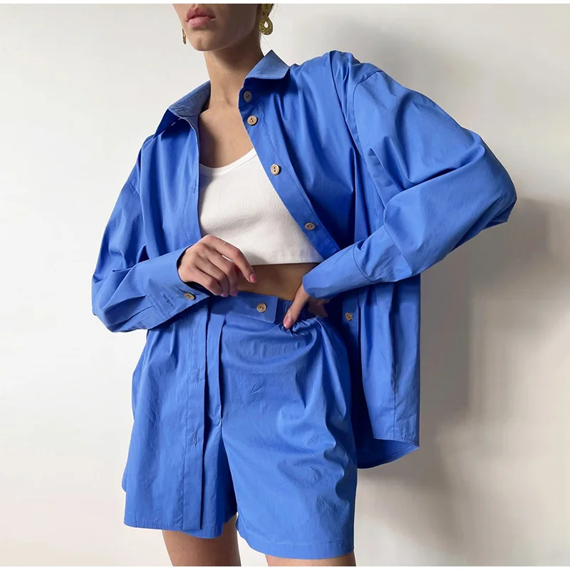 Casual Cotton Two Piece Outfits for Women Matching Sets Cozy Loungewear Spring 2021 Shirts Blouse and Shorts 2 Piece Set Fashion lounge sets