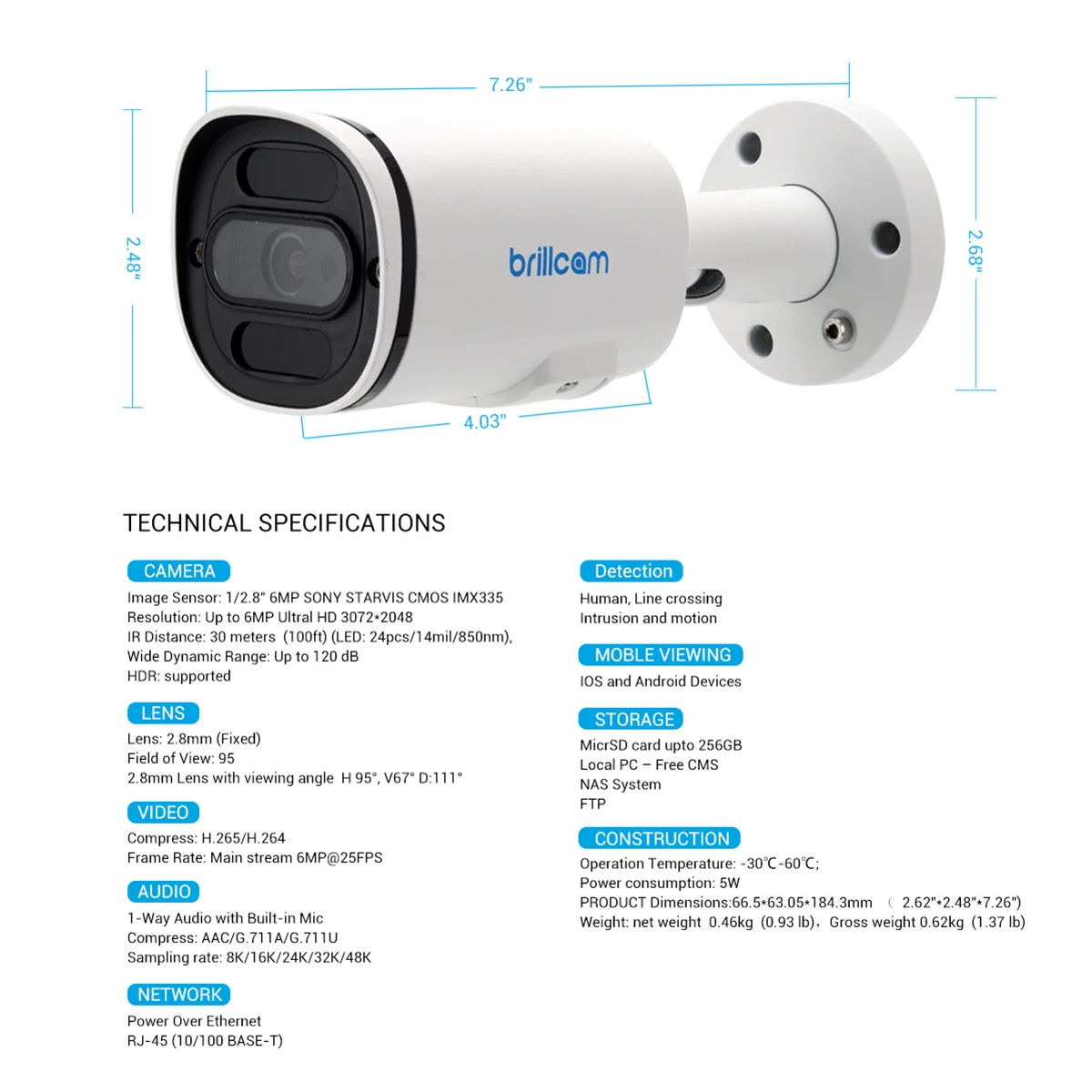 Brillcam 5MP6MP POE IP камера 30 м встроенный микрофон сетевая с глубоким обучением