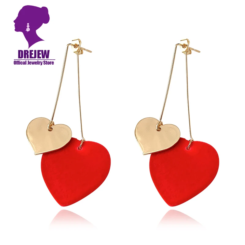 

DREJEW Big Small Gold Red Love Heart Statement Drop Earrings Long Alloy Daily Basics Fashion Dangle Earrings Women Wedding Party