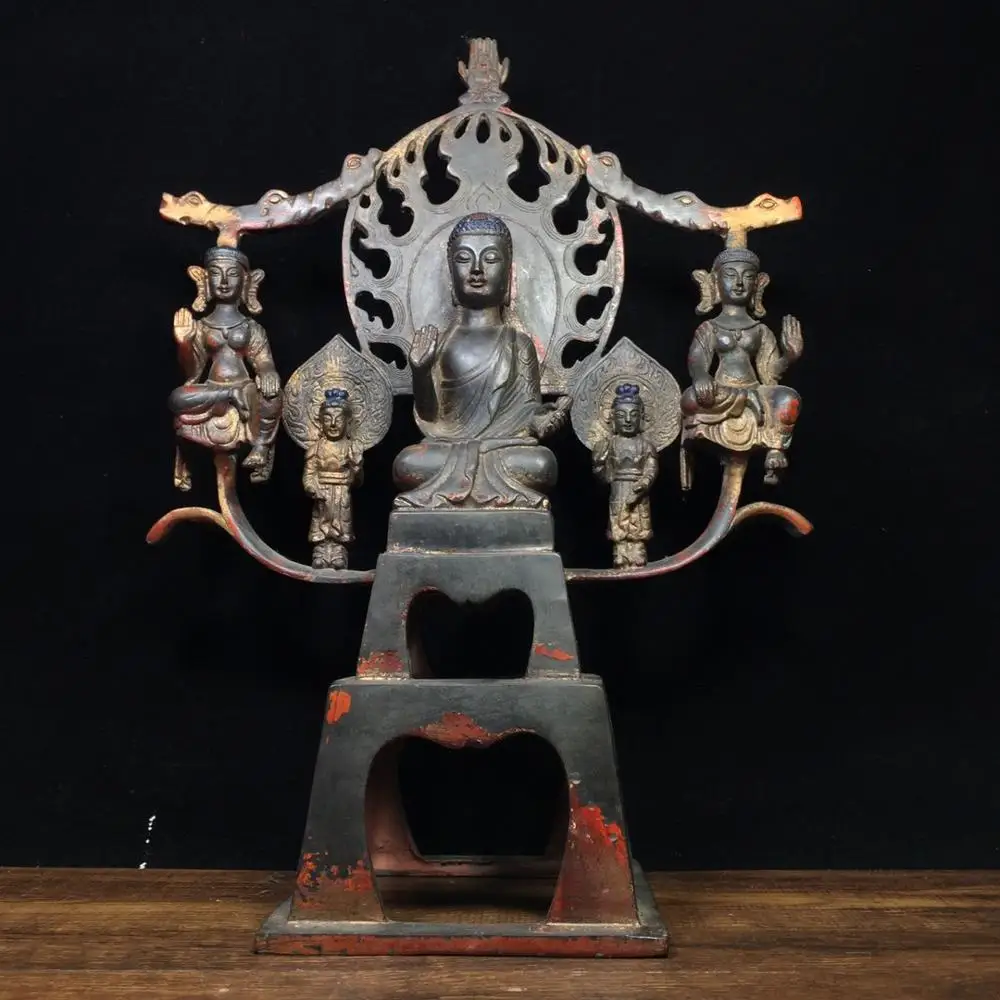 

15" Tibet Buddhism Temple purple bronze Sakyamuni Buddha Statue 4 statues of guardian deity Buddha Gautama Siddhartha Statue