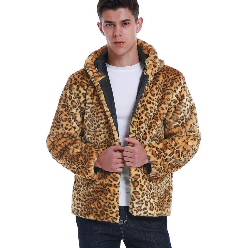 Autumn WinterHandsome Faux Fur Coat Men Warm Soft Leopard Print Pocket Faux Fur Jacket Male Plush Long Overcoat Outwear
