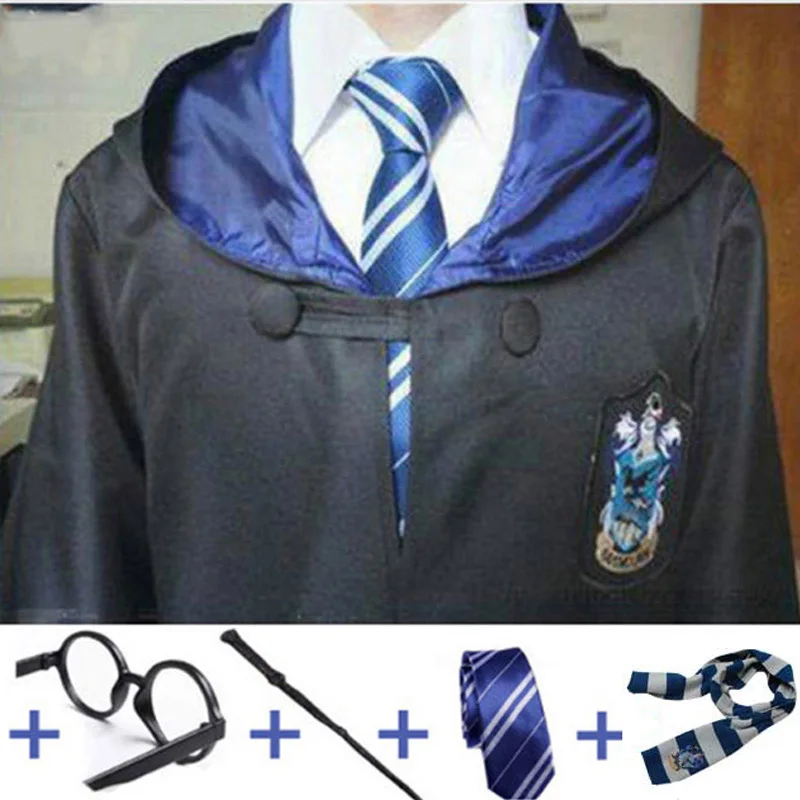 Ravenclaw Set3 Маскарадные костюмы для взрослых и детей из Поттера, Волшебная накидка из Поттера, халат с галстуком, шарфом, палочкой, очками, одежда для костюмированной вечеринки на Хэллоуин - Цвет: Ravenclaw Set3