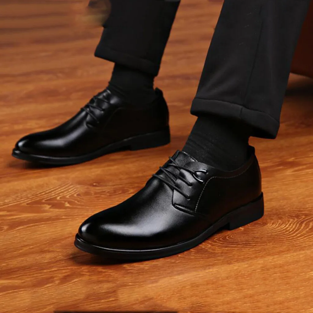 Men's Business Leather Shoes Casual Comfortable Wedding Ankle Shoe Male Suit Low-Heel Solid Color Black Lace-up Sapato Masculino