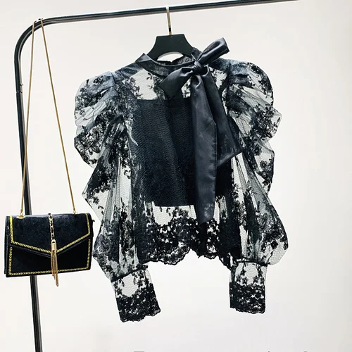 Черный Autumn New Korean Fashion Thin Long Sleeve Lace Blouse Women Black Long Sleeve Top Women Shirts Sexy Elegant Women Blouse - Цвет: Черный