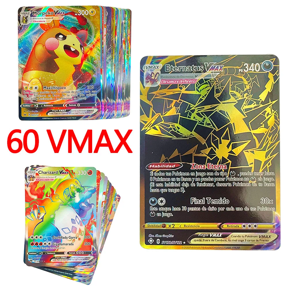 60pcs Spanish Pokemon Cards Vmax Spain Pokémon Shining Card Display Pikachu Charizard Playing Game Childern Kids Toys Gift | Игрушки и