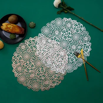 

4/6 Pcs Novelty Rose Pattern Round PVC Placemats for Table 38cm Golden Silver Color Insulation Table Mat Kitchen Accessories