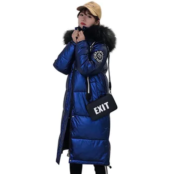 

Wine Red Gray Blue Black Hooded Coat Fashion Glossy Epaulet Long Womens Winter Jackets Warm Thick Fur Collar Down Parkas Coat