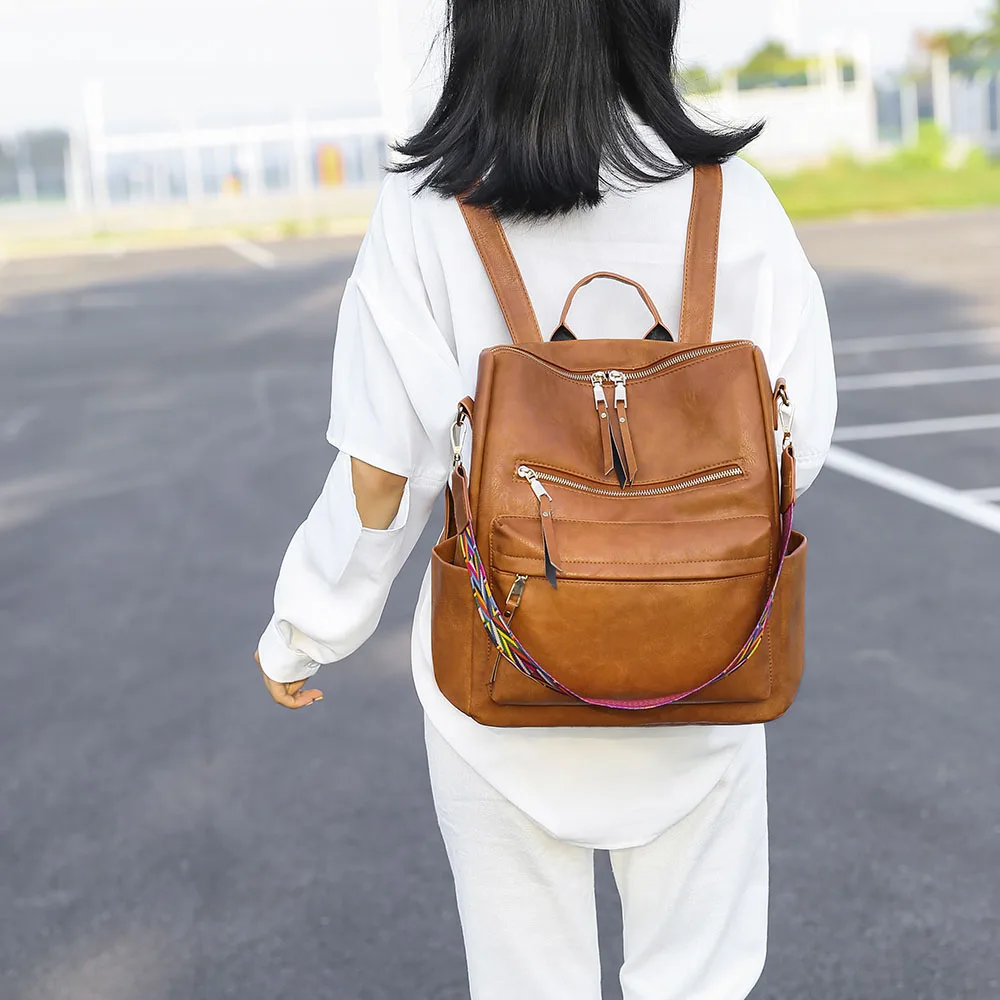 Retro Large Backpack Women PU Leather Rucksack Women's Knapsack Travel