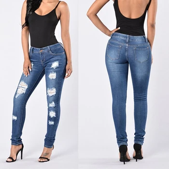 

High Waist Hole Pencil Jeans Women Ripped Jeans Female Casual Denim Slim Skinny Small Ankle Length Fashion Ripped Denim Trousers