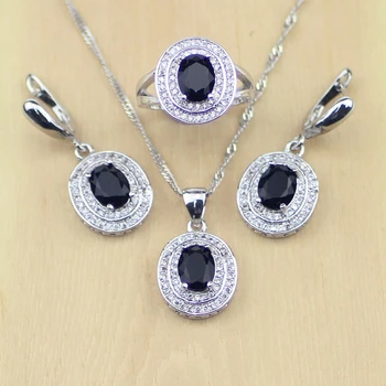 

Trendy Black Crystal White CZ Jewelry Set Silver 925 Jewelry For Women Earrings/Pendant/Necklace/Rings Free Box T60