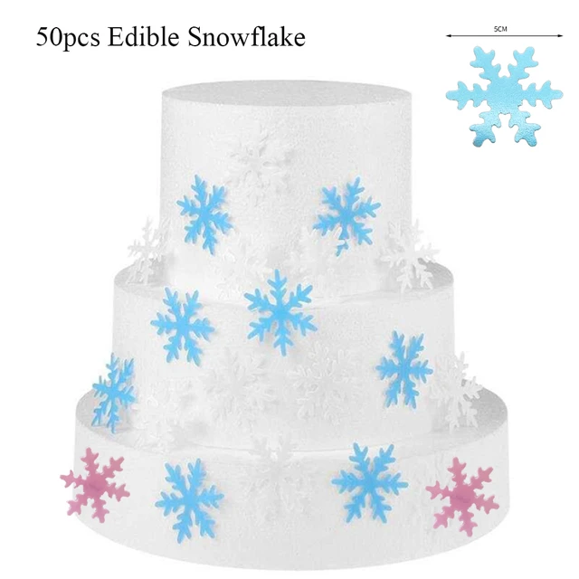 90Pcs Edible Snowflakes Cake Toppers Christmas Winter Party Cupcake  Decoration White and Blue