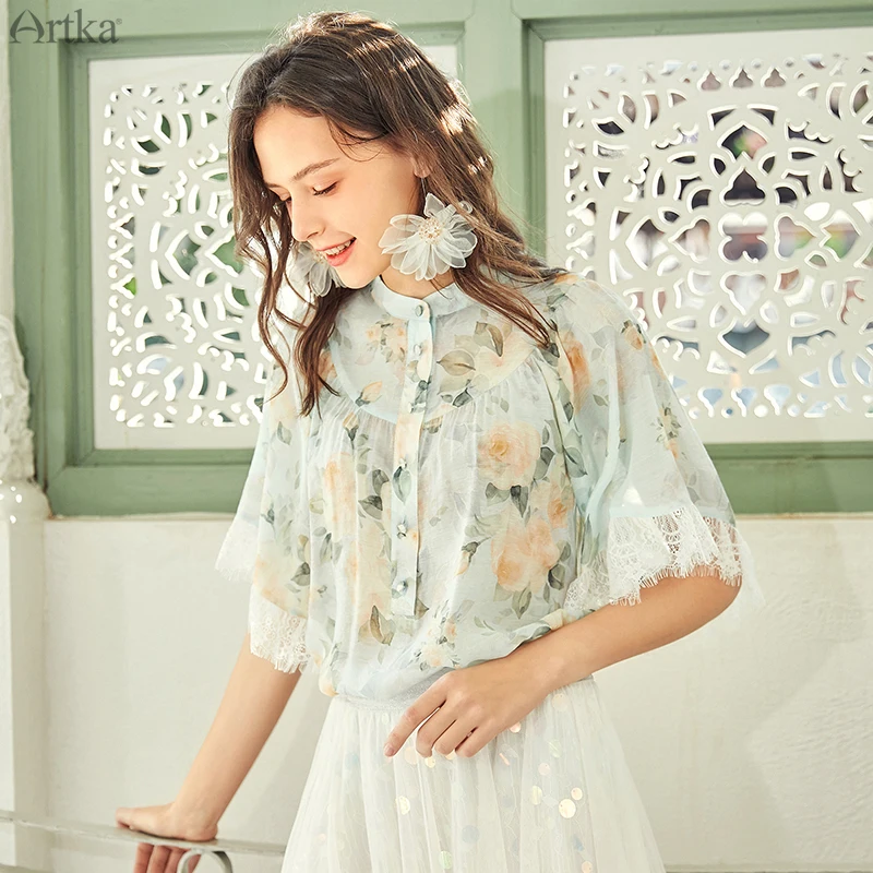 ARTKA 2020 Summer New Women Blouse Elegant Print Chiffon Shirt Flare Sleeve Lace O-Neck Romantic SA20206X | Женская одежда