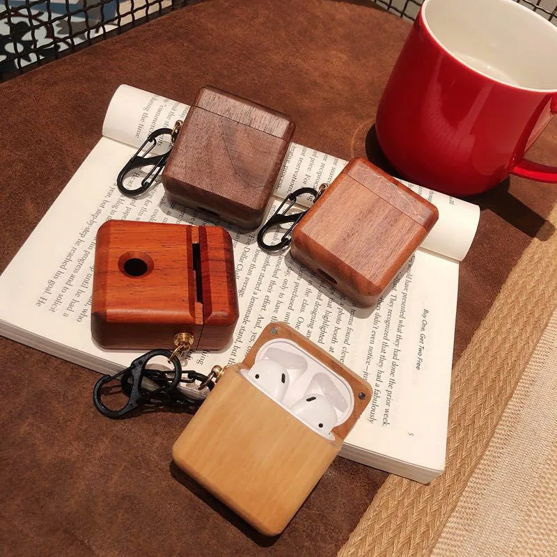 

Wooden Wireless Bluetooth Earphone Protective Case with Keychain Earbuds Protective Cover ENA88