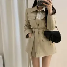 Шикарное однотонное короткое однобортное офисное Женское пальто из искусственной кожи с поясом, подходит ко всему