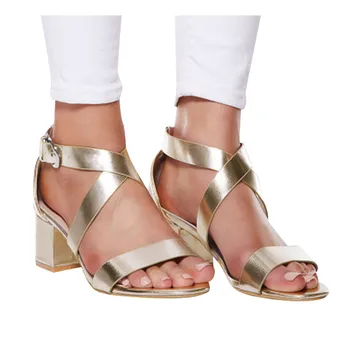 

Womens Silver Sandals Buckle Cross Belt Open Toe Casual luxury shoes women Square root Low-heeled Woman Plus Size Roman Sandals