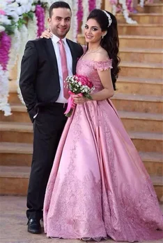 

Off The Shoulder Satin With Applique Sweep Train A Line Prom Evening Dress robe de soiree abiti da cerimonia vestidos de fiesta