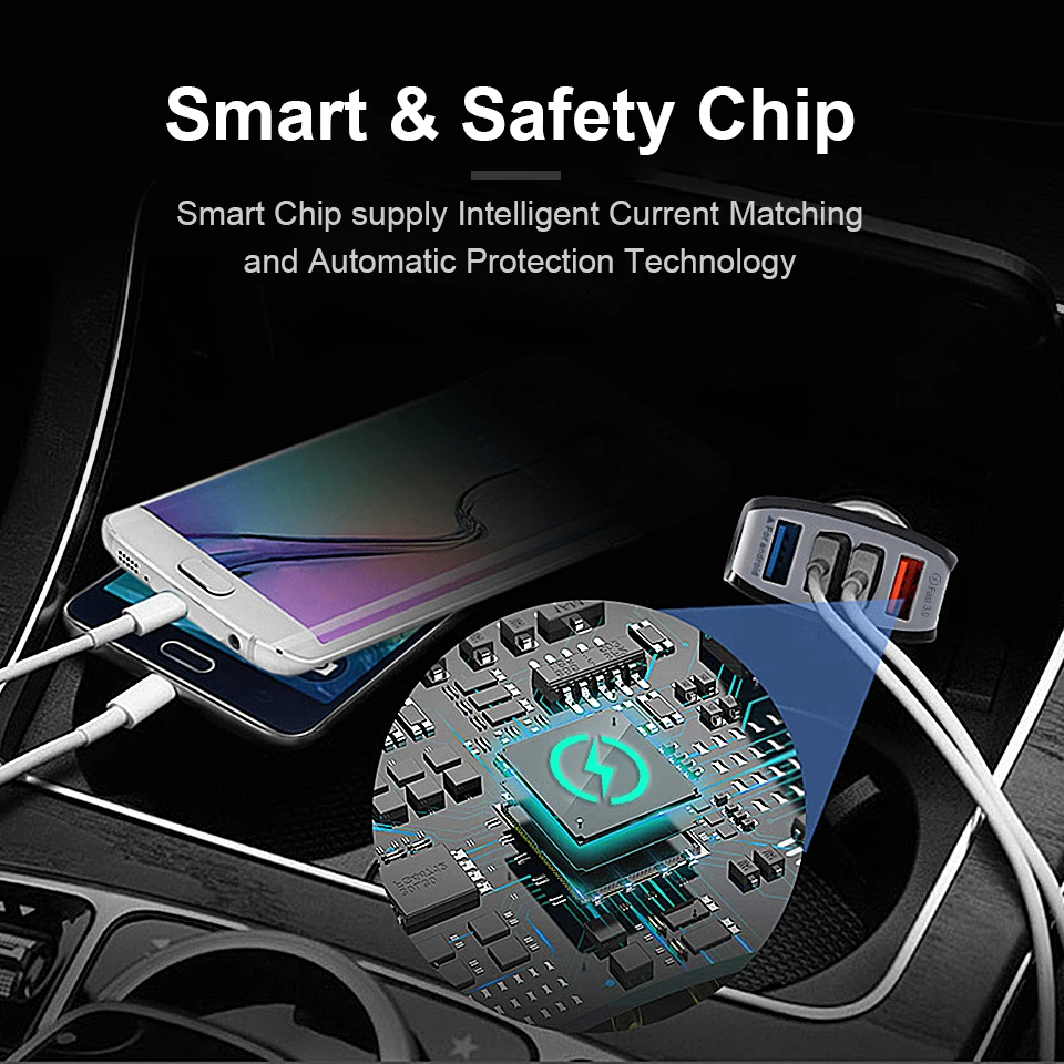 QGEEM-cargador de coche de 4 puertos USB QC 3,0, dispositivo de carga rápida 3,0, para iPhone Xiaom - Imagen 3