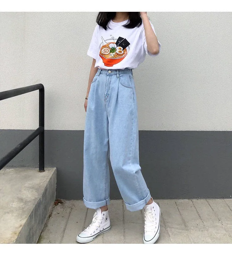 Jeans Women Solid Vintage High Waist Wide Leg Denim Trousers Simple Students All-match Loose Fashion Harajuku Womens Chic Casual