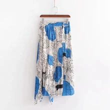 Граффити печати женщин плиссированный с запахом миди юбка Осень Досуг леди свободные юбки P1386