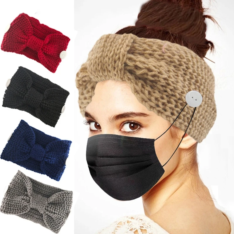 

Women Winter Knit Ear Warmer Headband with Buttons Crochet Knotted Wide Headwrap X5XA