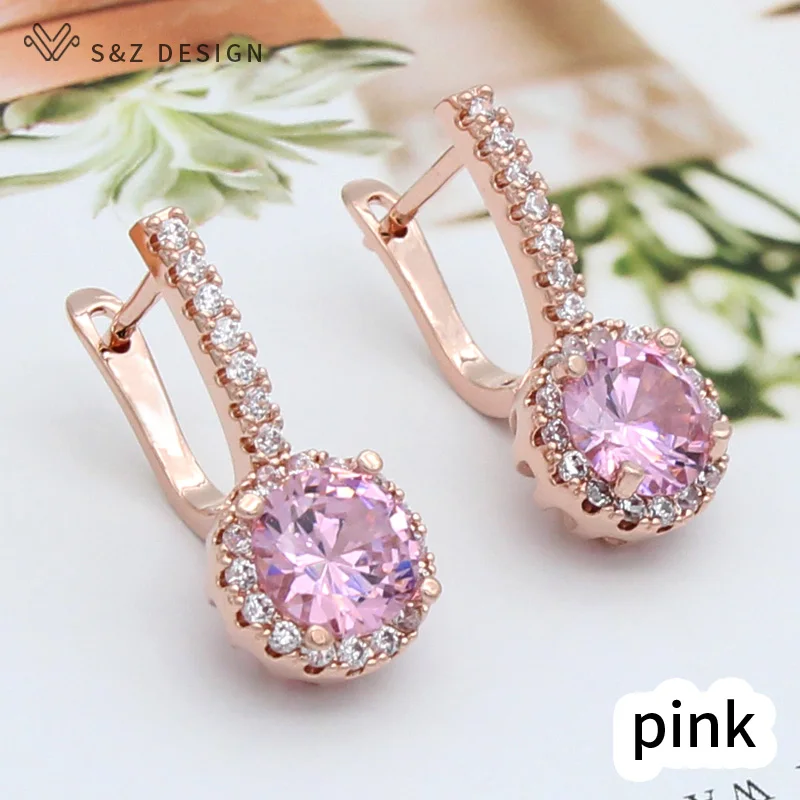 S&Z DESIGN New Fashion 585 Rose Gold Color Round Cubic Zirconia Dangle Earrings For Women Wedding Party Jewelry Gift
