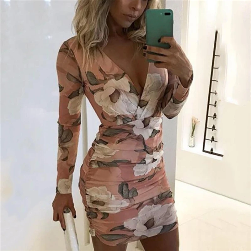 

Dress Women Floral Print Party Dress Sexy Deep V-Neck Bodycon Dresses Autumn Long Sleeve Ruched Pleated Vestidos Robe Femme