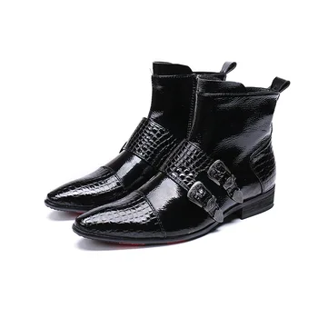 

British Buckle Short Boots Business Casual High Top Cow Leather Shoes Youth Shoes Zapatos Para Hombre Pointed Toe Ankle Rubber