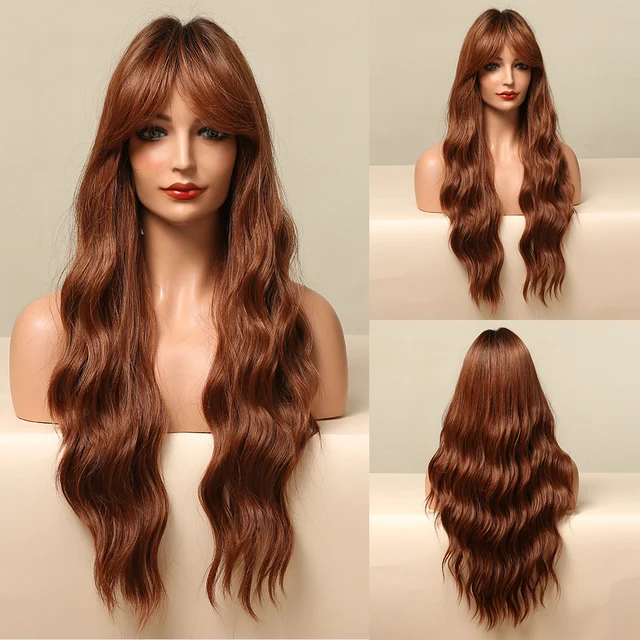 HENRY MARGU Dark Brown Wave Wigs Long Synthetic Wavy Natural Hair Temperature Wigs For Black/White Women Daily Cosplay Wigs LC5222-1