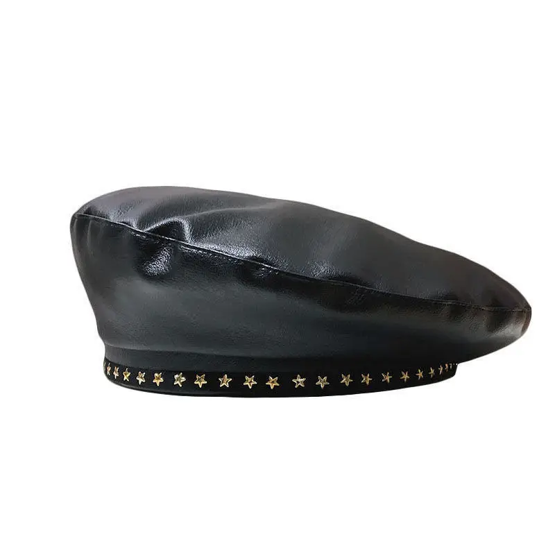 

MAGOGO PU Black Stars Berets Women Fashion New Korean Style Hat Chic College Sweet Cap British Vintage Octagonal Hat Gorros