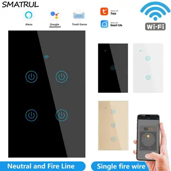 

SMATRUL Tuya WiFi Smart Wall Touch Light Switch 1/2/3/4 Gang 220V No Neutral Wire EU App Voice Glass Timer For Google Home Alexa