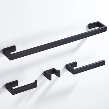 

Black Stainless Steel Bathroom Hardware 4Pcs/Set Black Matte Paper Holder Sundries Holder Towel Bar Bathroom Accessories 890