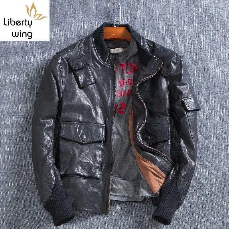 

100% Real Leather Slim Men Motorcycle Jacket Winter Warm Down Jackets Zipper Stand Collar Sheepskin Short Coat Plus Size 5XL