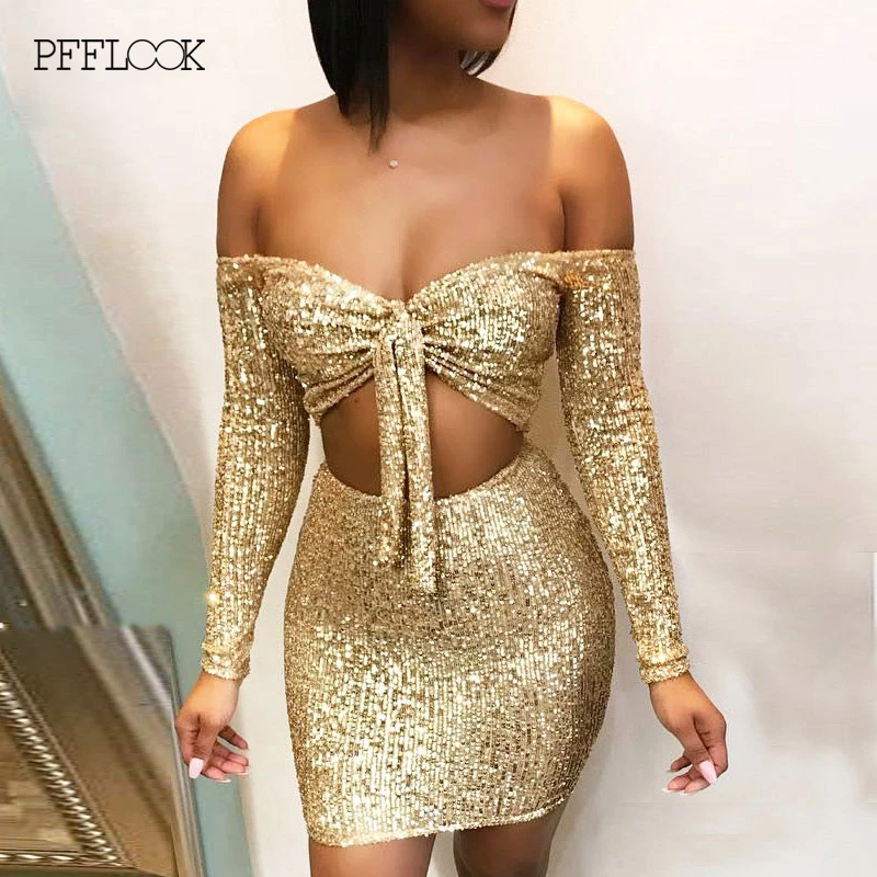 

PFFLOOK Summer Women Sexy Two Piece Set Glitter Elegant Sequined Bodycon Strapless 2 Piece Set Bow Club Party Mini Female Suit