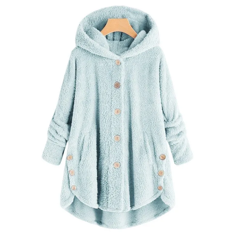 Новые плюшевые Флисовые женские куртки с капюшоном на пуговицах, модные осенне-зимние теплые длинные пальто с капюшоном на пуговицах, однотонные свободные пальто - Цвет: sky blue