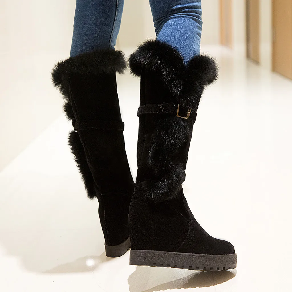 Women Solid Color Increased Warm Snow Boots Ladies Plush lining booties Winter Snow Boots Strap Shoes plus size 35-43 Comfort