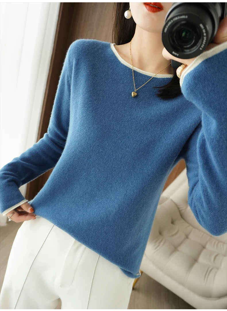 Autumn Winter Women Sweaters Casual Round Collar Long Sleeve Female Pullover 100% Wool Knitted Jumper Shirt Clothing Tops Blouse